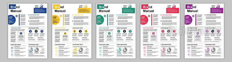 DIN A3商业品牌手册模板集。公司身份宣传册页与财务数据。以市场营销和专业发展为旗帜。矢量布局设计的海报，封面，小册子
